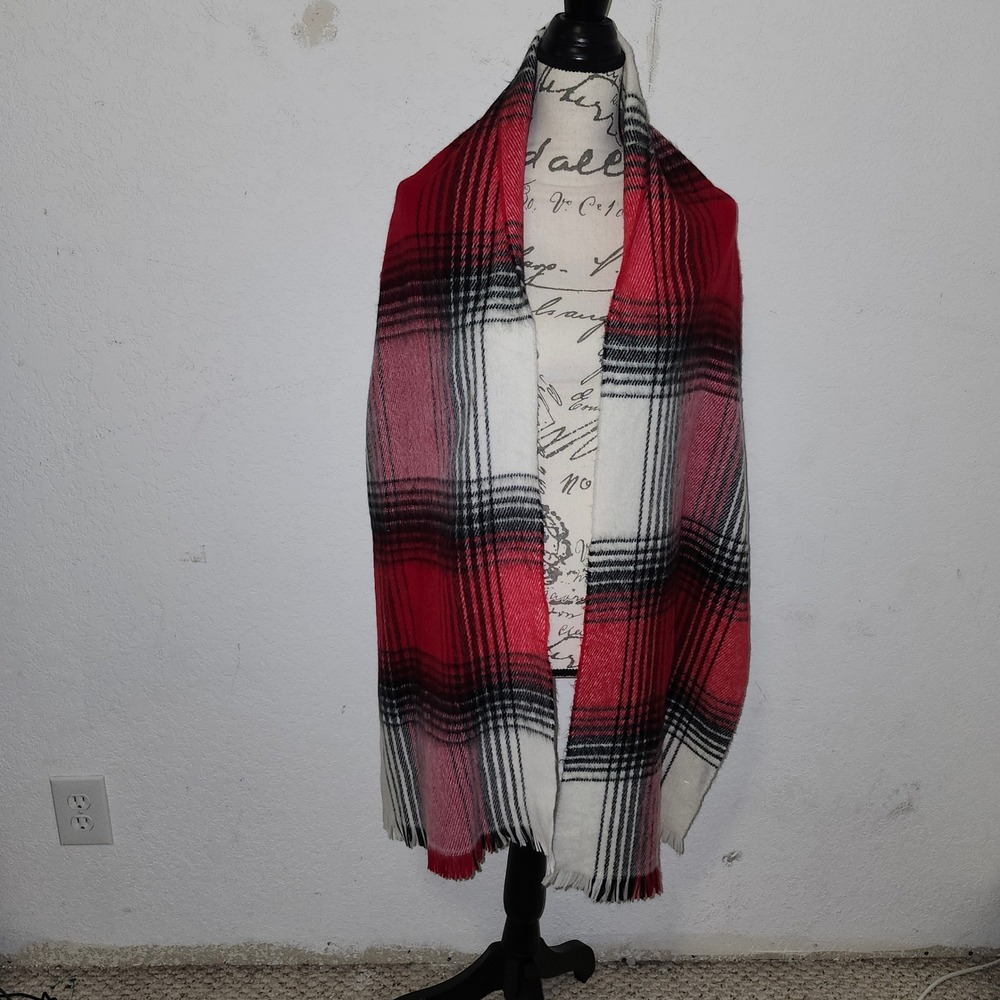 Topshop Plaid Scarf Women OS Red White Black Fringed Lightweight Made in Italy